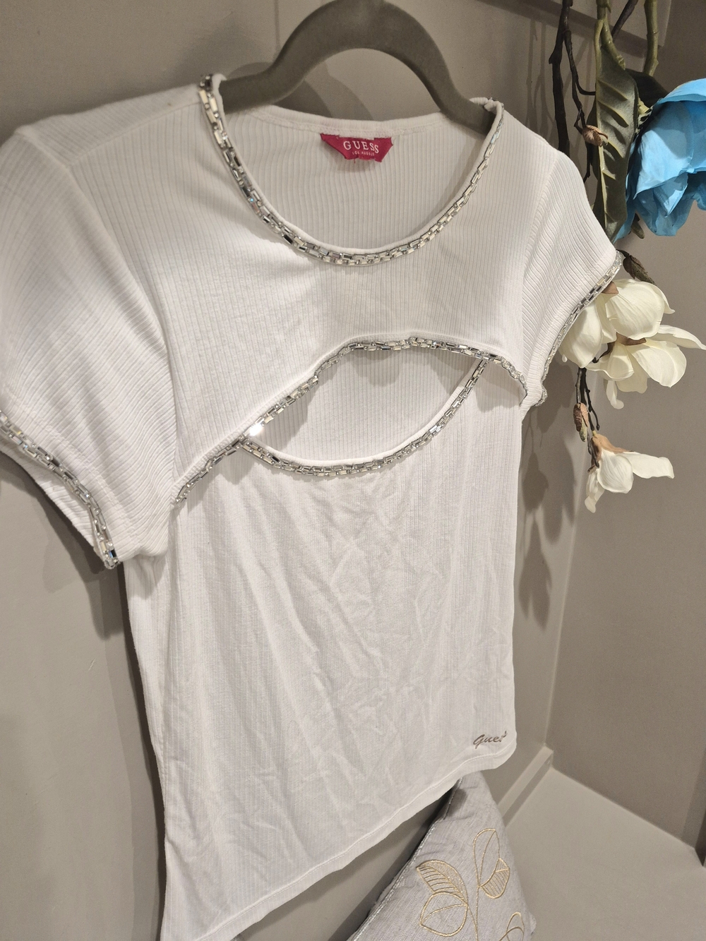 GUESS Cleavage Cutout Short Sleeve Top with Rhinestone Jewel Sparkle Bling Trim